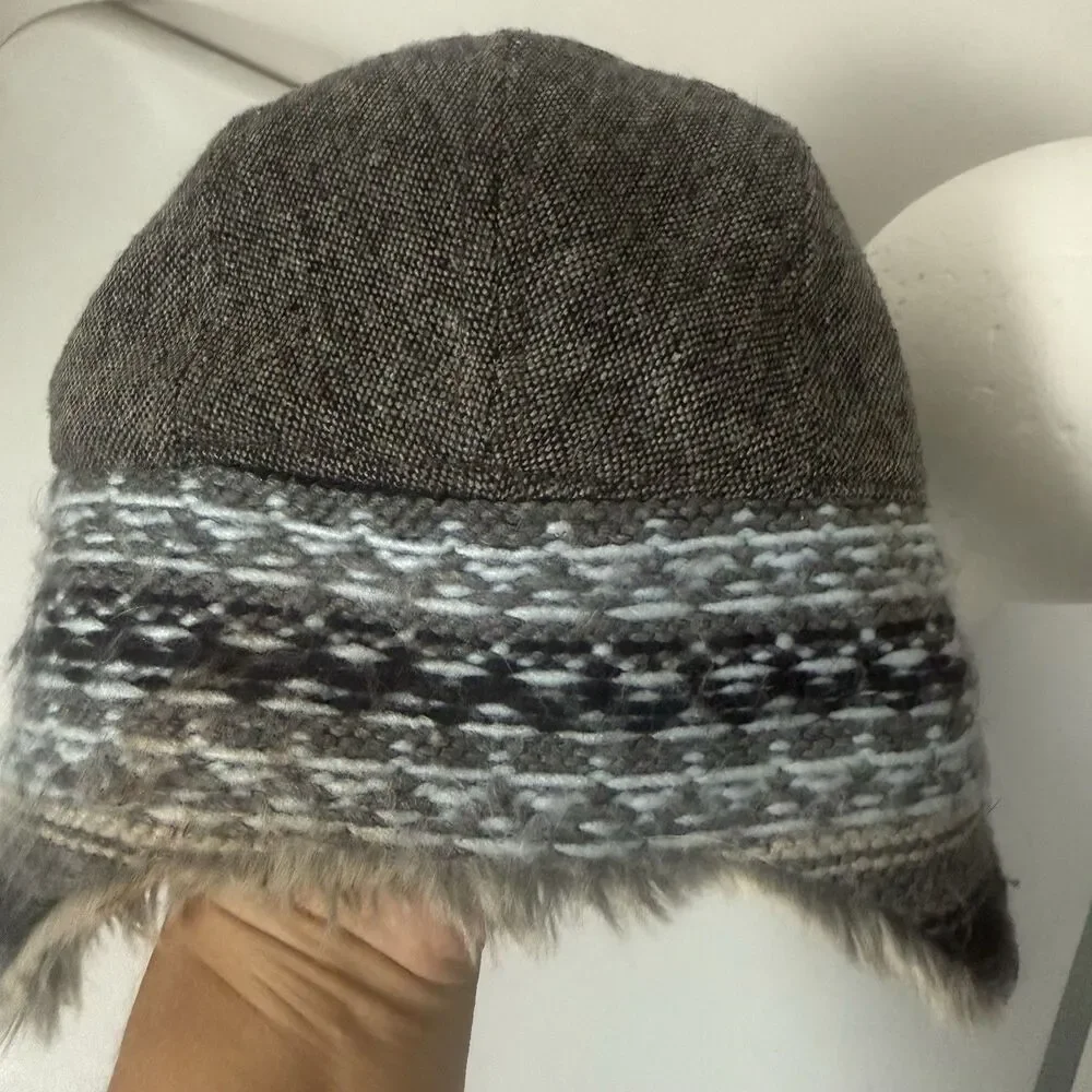 Duluth Trading Co Wool Fair Isle Fur Winter Flap Trapper Gray Gorpcore Hat S/M